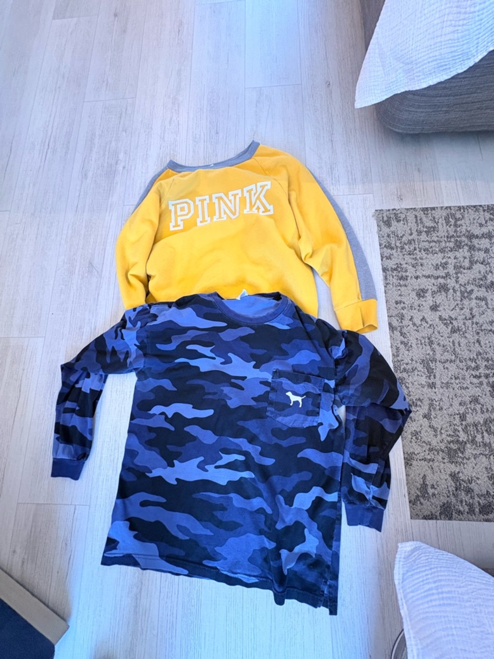 Victoria's Secret PINK Yellow Raglan Pullover & Blue Camo Long Sleeve Tee Set